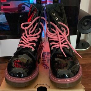 Dr. Martens Glossy Black Boots with Pink Laces